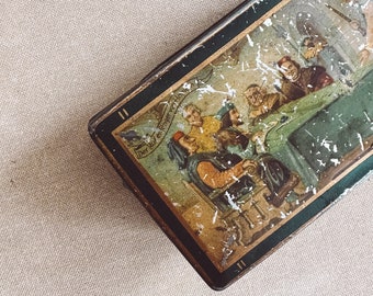 Antique tin box Shabby container 1900-30 The rat catcher from Hameln Pictured box Tin cans Book Story motif German Vintage Rarity tin lid