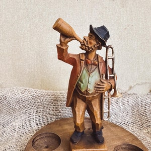 Vintage Wood Musician Figurine: Drinking Man with Trumpet, German Souvenir