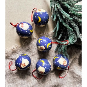 6 Vintage Santa Paper Mache Christmas Ornaments: German Retro Tree Decor
