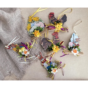 6 decorazioni pasquali da appendere Pulcini di carta decorativi Conigli decorativi Decorazioni decorative vintage Pasqua tedesca Set di decorazioni pasquali vintage 6