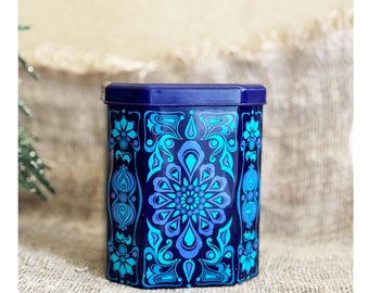 Floral decorative Vintage Tin Can Box Shabby Blue Navy floral Canister Container storage Mid-century Home decor German tin Collect retro tin