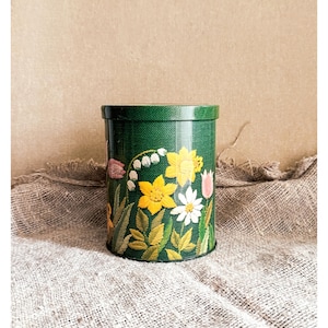 Vintage Floral Tin Canister: Green Decorative Storage Box