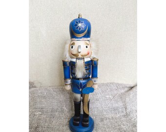 Vintage German Erzgebirge Nutcracker: Blue & Gold Wood Soldier