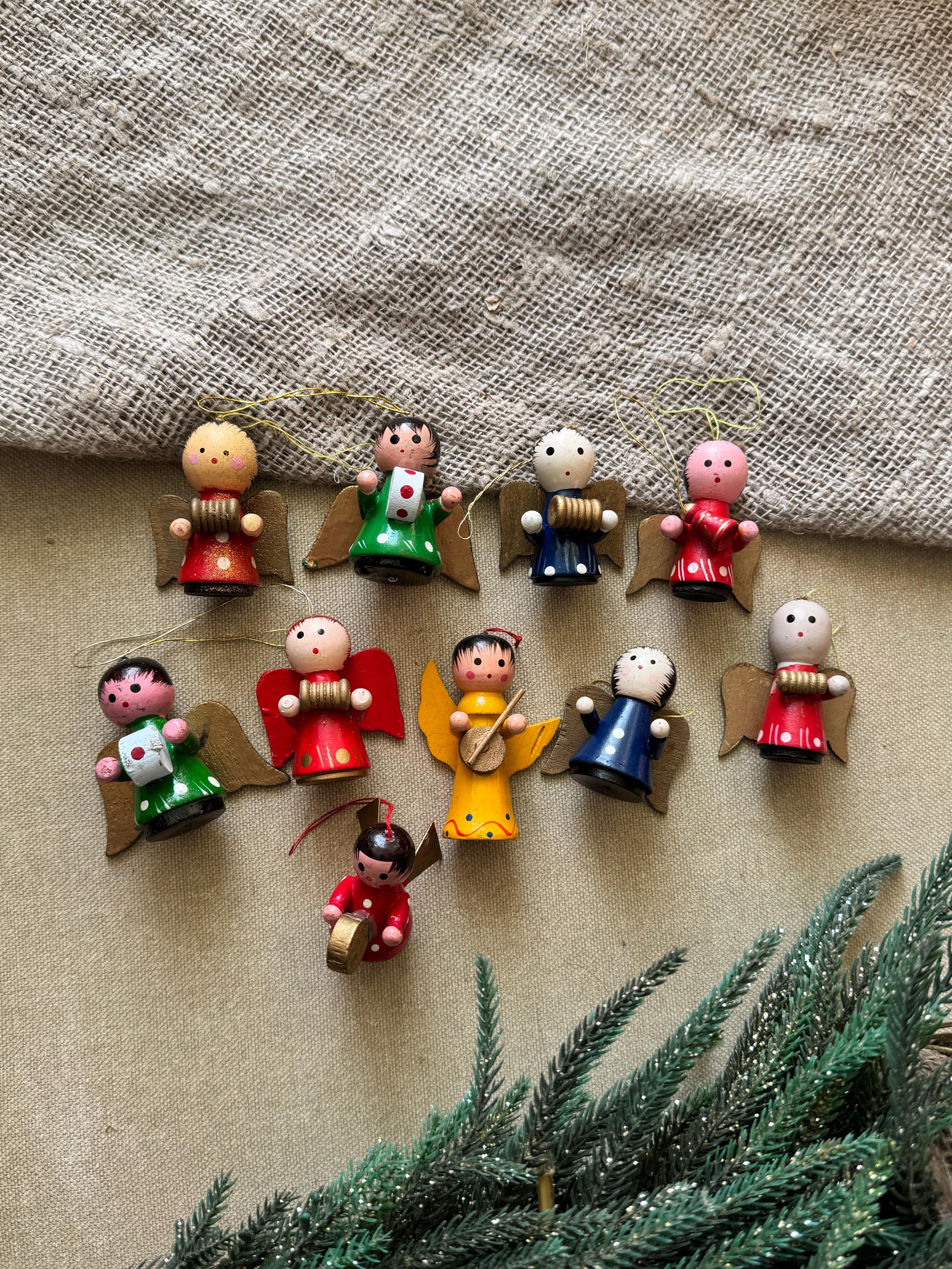 Erzgebirge Wooden Angel Ornaments: Vintage Miniature Christmas