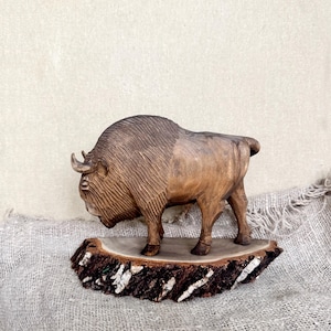Vintage Wood Bison Buffalo Handcarved Statue Wood Art Hand made Statuette Wild Animal