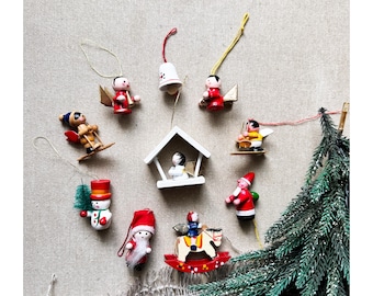 Miniature Erzgebirge Wooden Christmas Ornaments: Santa, Snowman, Angel, Horse