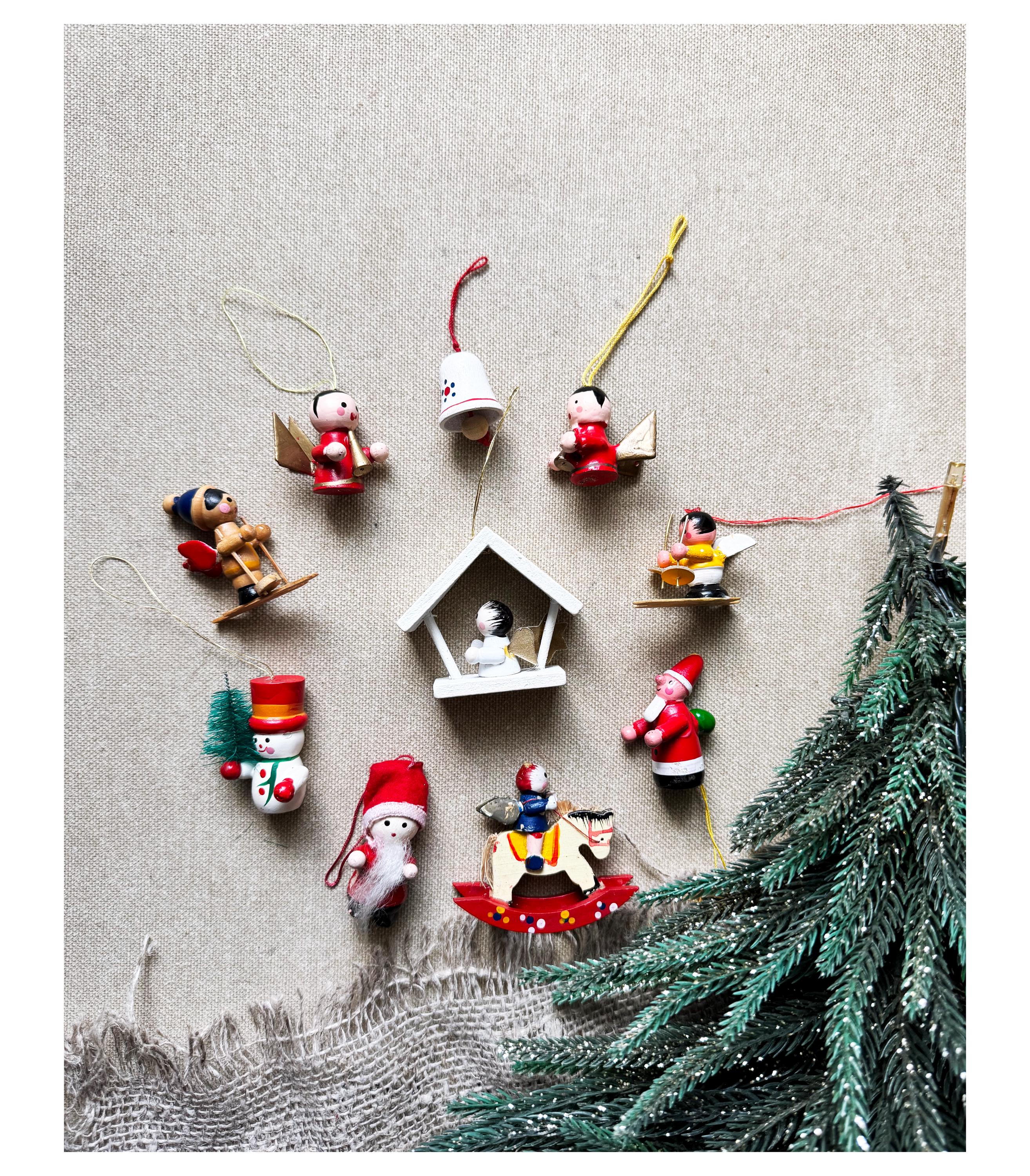 Miniature Erzgebirge Wooden Christmas Ornaments: Santa, Snowman, Angel, Horse