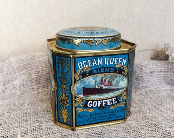 Vintage Ocean Queen coffee Tin with Lid Coffee Storage container Retro Kitchen decorative Cotainer Coffee Bar Mid-century Home decor Blue