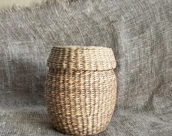 蓋付き編みわらかご：素朴な農家風インテリア - Etsy 日本