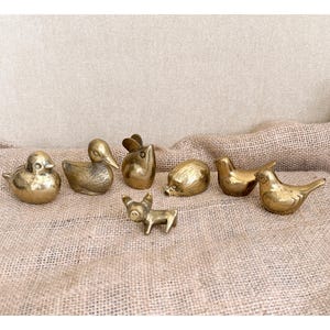 Può includere: Una collezione di sette piccole statuette di animali in ottone, tra cui un'anatra, un coniglio, un maiale e diversi uccelli. Ogni pezzo presenta una finitura metallica dorata lucida con contorni lisci e tratti distintivi del volto.