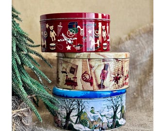 Retro Christmas themed Tin canister Winter holiday Tin Round large tin dose with Lid Nostalgic shabby Christmas home decor Santa, Nutcracker