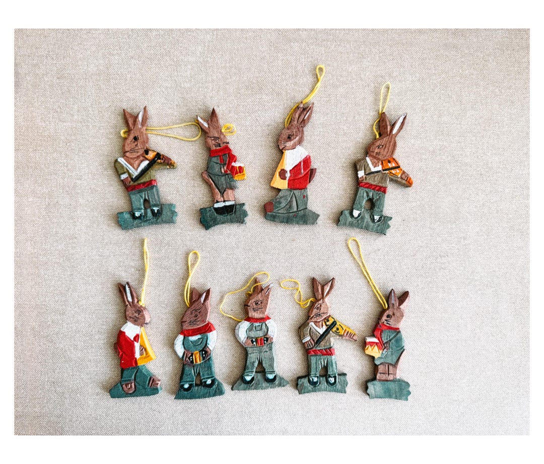 Hand Carved Wooden Rabbit Ornaments, Vintage Style Bunny Easter ...