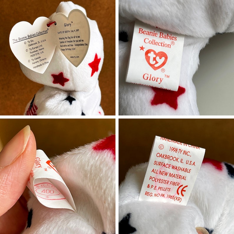 TY Original Beanie Baby Glory, Rare Retired Glory Beanie Teddy With