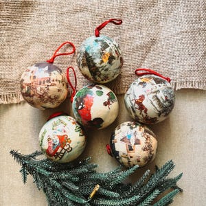 Adornos navideños vintage con decoupage alemán: Juego de 6 bolas de papel maché de Papá Noel