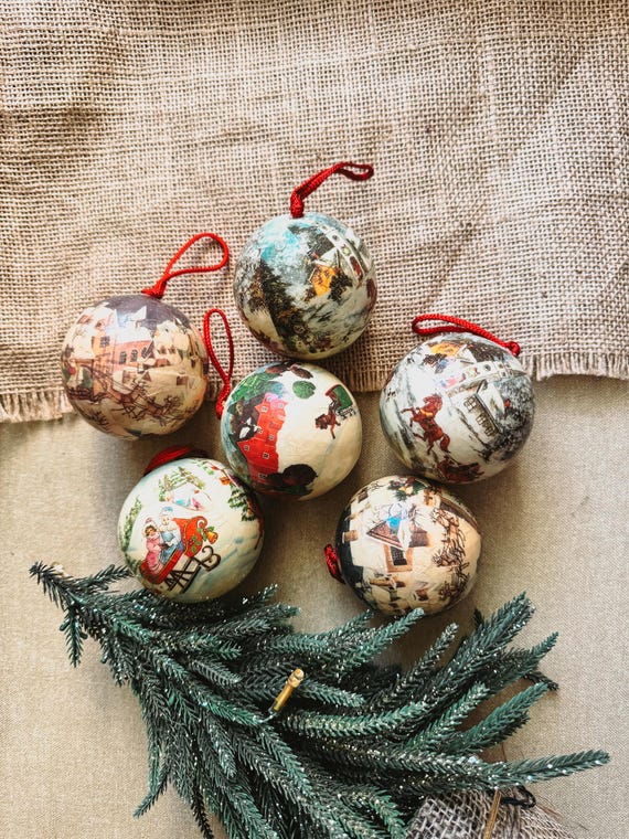 Vintage German Decoupage Christmas Ball Ornaments: Santa Paper Mache Balls Set of 6