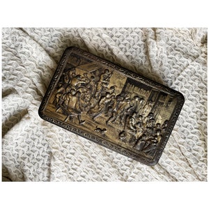 Vintage Tenier Biscuit Tin: 1930s Golden Embossed Storage Canister