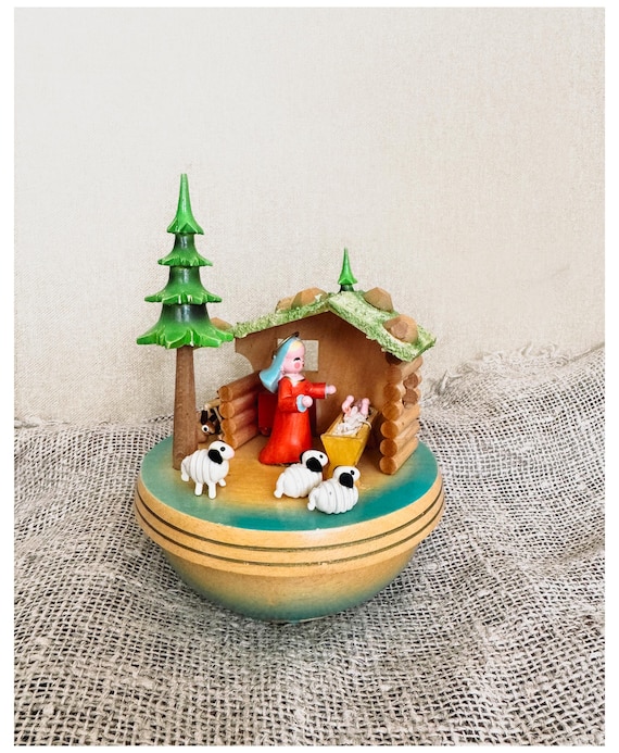 木製雪だるまの馬乗り飾りオルゴール ヴィンテージ スイス製 木製