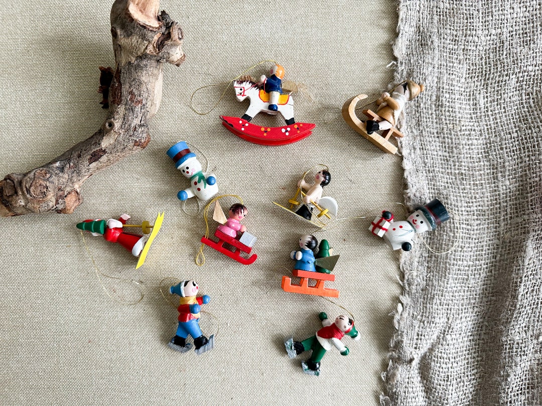 Set of 10 Vintage Christmas Ornaments Colorful Wooden Deco Etsy