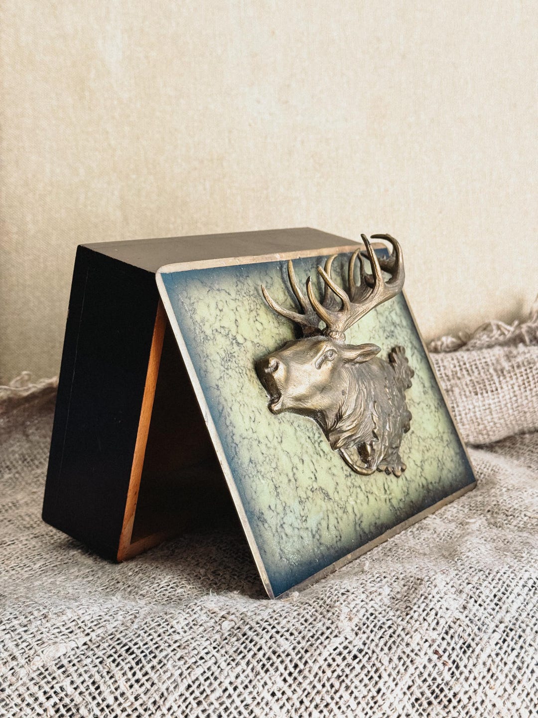 Deer Rattle Box Vintage Brass Deer Antler Box: Wood Storage With Lid - Etsy