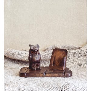 Holz handgeschnitzten Schreibtisch Lagerung Organisation Hand geschnitzten Eule Vogel Vintage Schreibtisch Organizer Visitenkarten Halter Display Dad Geschenkidee