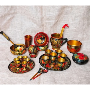 Vintage Khokhloma Hand-Painted Wooden Tableware Set – Russian Folk Art Serving Bowls, Cups & Spoons