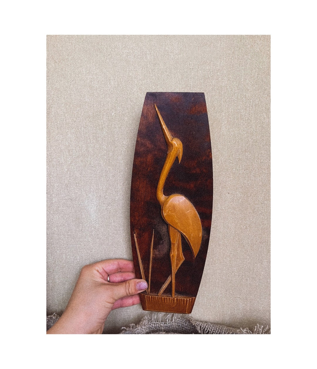 Wood Picture Crane Stork Danish Vintage Wall Art Wooden Etsy