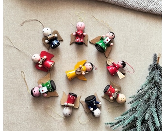 Erzgebirge Wooden Angel Ornaments: Vintage Miniature Christmas Decor (Set of 10)