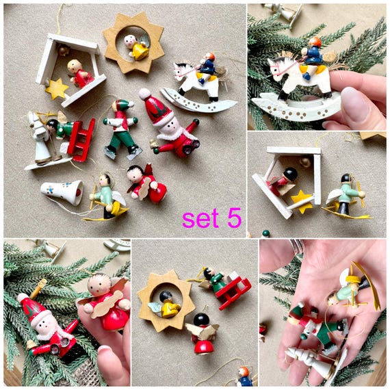 専用です。 ドイツ　木製クリスマスオーナメント6個+他1セット。 エルツ山地のヴィンテージクリスマスオーナメント：ドイツの木製天使と