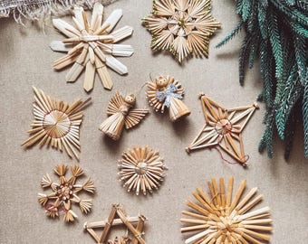 Vintage Scandinavian Straw Christmas Ornaments: Snow Stars, Set of 10