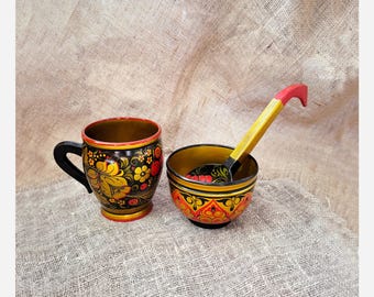 Vintage Khokhloma Bowl, Russian Folk Art Floral Decor