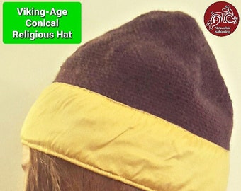 Nidavellnir Nalbinding, Nalebinding. 100% Pure Soft Brown Wool, Silk, Gold plated thread. Viking Age Conical Religious Hat. Ready to Ship