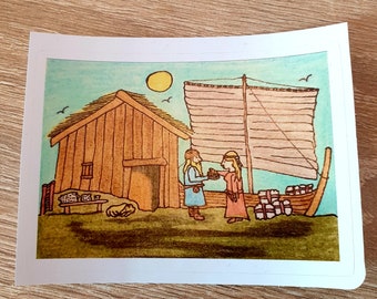 10th Century Traders. Viking Village Design, Historical Style Vinyl Sticker. Reenactment, Archaeology, History, Stationery, Student, Decor.