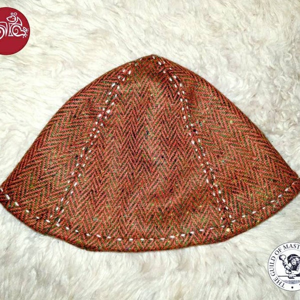 Nidavellnir Pure Wool 4 Panelled Birka Viking Hat. Brown, Orange & Green Herringbone Fabric. Historical Clothing, Viking Age Reenactment.