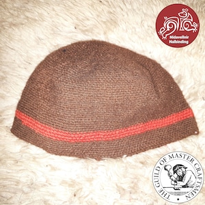 Handmade Nalbound Manx Loaghtan and Shetland Wool. Brown and Red, Single Danish stitch.