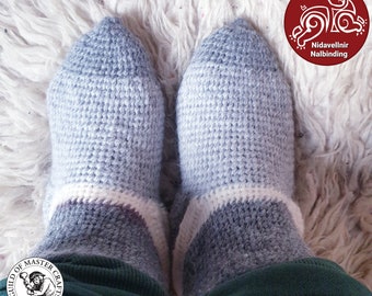 Nidavellnir Nalbinding. 100% Pure Soft Wool, Grey & White. Historically made York Stitch, Viking Age, Norse, Danish Socks. Size UK 4-5.