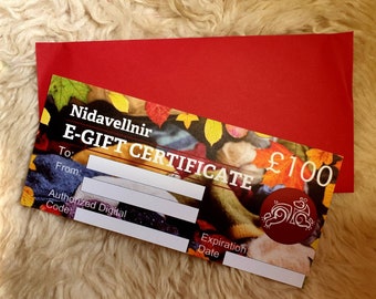 Nidavellnir Nalbinding Reedeemable Gift Certificate for 100. Valid in the Etsy Shop. Physical Gift Card, Code and Envelope.