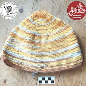 Handmade Hand-Dyed Shetland Wool Nalbinding Hat. York Stitch. Yellow, orange and white stripes.