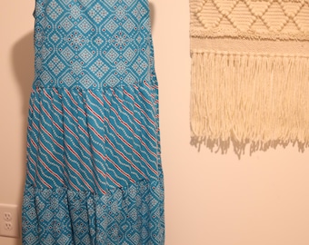 Teal Print Geometric Boho Tier Sundress - Sleeveless Maxi dress - Long Cotton Block Print Botanical Anthology Anissa Craig - 100% Cotton