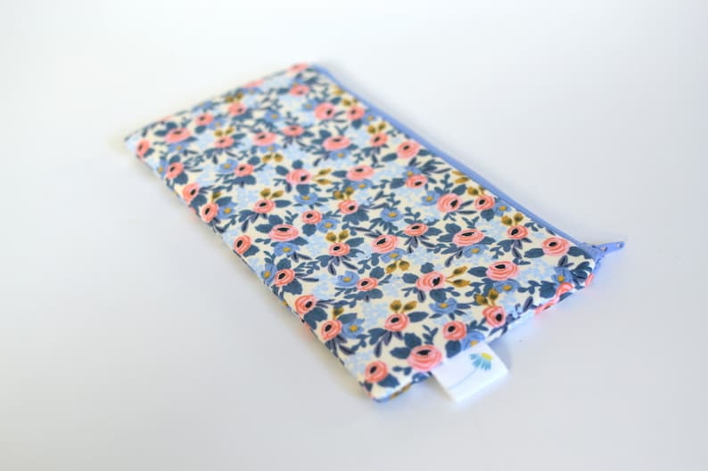Rifle Fabric Zippered Bag Cute Pencil Case Floral Pen Bag for makeup Blue Pencil Pouch Floral Makeup Bag Stocking Stuffer Gift under 20