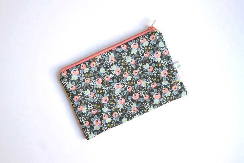 Rifle Paper Co Green Zipper Pouch Mini Clutch Purse Floral Makeup Bag Small Gift for her Green Bridesmaid Gift Rosa Floral Zipper Bag
