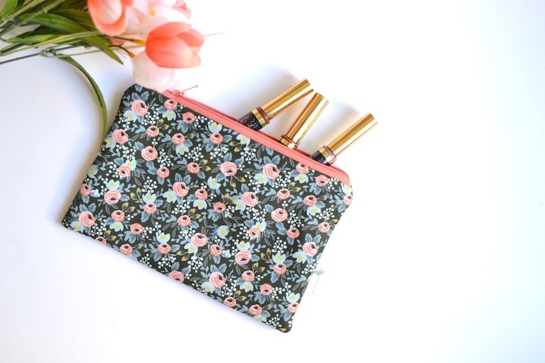 Rifle Paper Co Green Zipper Pouch Mini Clutch Purse Floral Makeup Bag Small Gift for her Green Bridesmaid Gift Rosa Floral Zipper Bag
