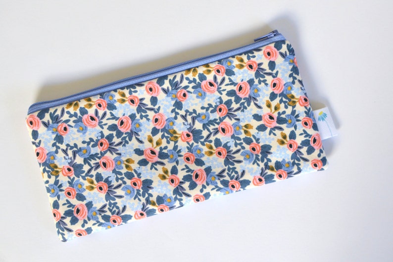 Rifle Fabric Zippered Bag Cute Pencil Case Floral Pen Bag for makeup Blue Pencil Pouch Floral Makeup Bag Stocking Stuffer Gift under 20