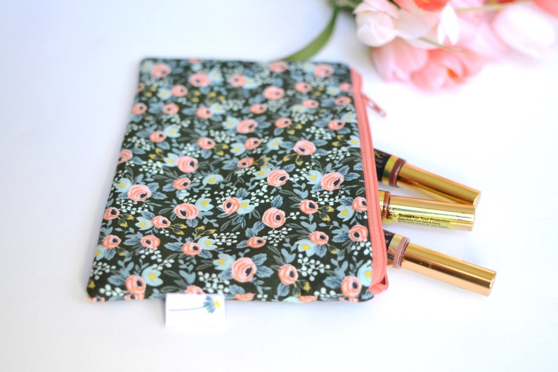 Rifle Paper Co Green Zipper Pouch Mini Clutch Purse Floral Makeup Bag Small Gift for her Green Bridesmaid Gift Rosa Floral Zipper Bag