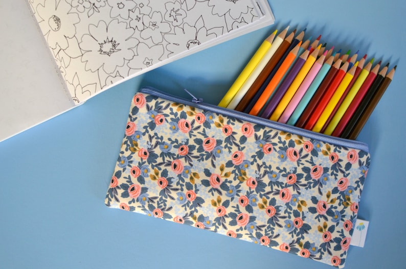 Rifle Fabric Zippered Bag Cute Pencil Case Floral Pen Bag for makeup Blue Pencil Pouch Floral Makeup Bag Stocking Stuffer Gift under 20