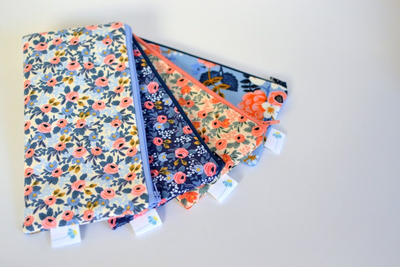 Rifle Fabric Zippered Bag Cute Pencil Case Floral Pen Bag for makeup Blue Pencil Pouch Floral Makeup Bag Stocking Stuffer Gift under 20