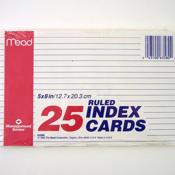 5 x 8 Inch Index Cards, White, Narrow Ruled, Shrink Wrapped Pack of 25, Vintage Mead Management Series, ©1993, Product No. 63580