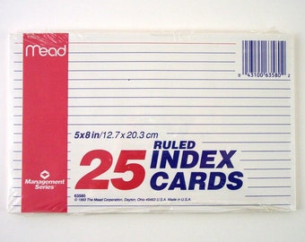 5 x 8 Inch Index Cards, White, Narrow Ruled, Shrink Wrapped Pack of 25, Vintage Mead Management Series, ©1993, Product No. 63580