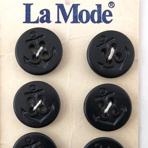 18 Black Plastic Anchor Buttons, Nautical Style, 5/8&quot; Dia., 15.5 mm, 4 Hole, New Old Stock on Original Cards, Vintage La Mode No. 2047