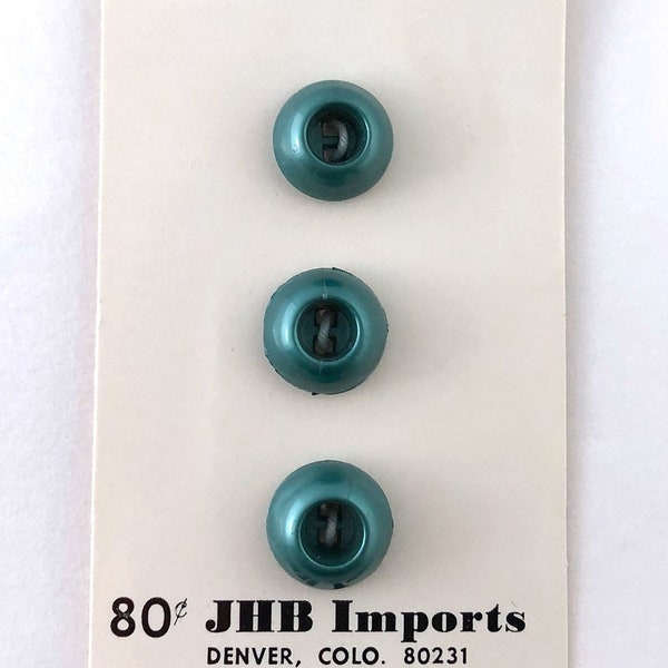 2 Green Plastic Buttons, Over 7/16" Dia., 11.5 mm, Gumdrop Shape, 2-Hole, Washable, Dry Cleanable, Original Card, Vintage JHB Imports 15002