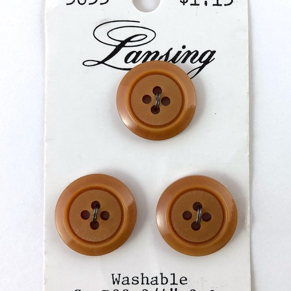 3 Caramel Brown Plastic Buttons, 11/16" Diameter, 17.5 mm, Size 28, Four Hole, Washable, New Old Stock, Original Card, Vintage Lansing 5055